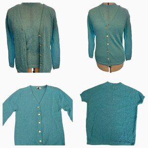 Vtg Foxwoods Teal 2pc Stretch Sweater & Cardigan Sweater Button Front Union Made